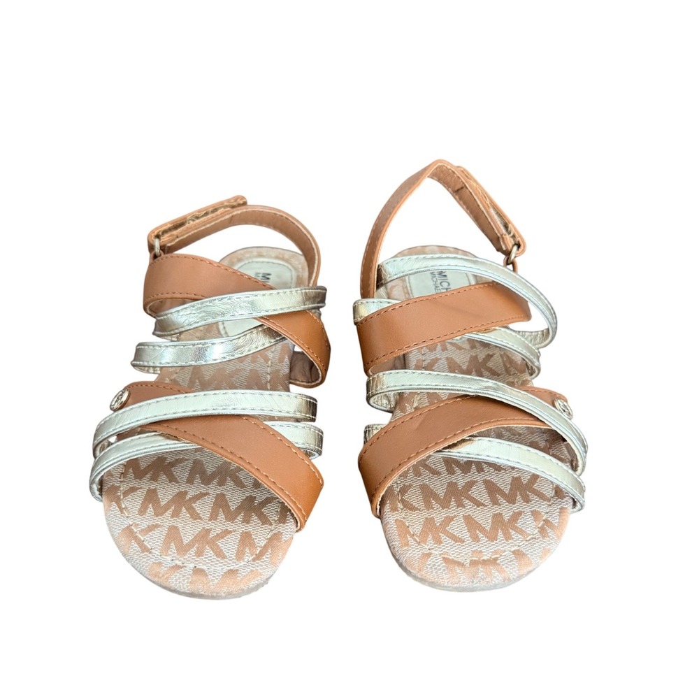 Michael Kors Girls‎ Tan Silver Strappy Logo Sandals MK Monogram Size 13 Kids